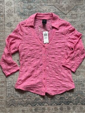 INC Pink Textured floral lace like Button-Down collared fitted Shirt Sz M NWT
